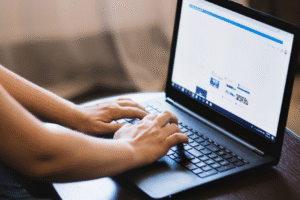 Osoba korzystająca z laptopa, siedząca przy stole i wpisująca coś na klawiaturze. Na ekranie widać otwartą przeglądarkę internetową